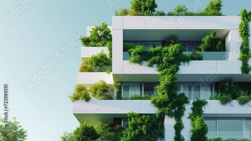 Modern white residential building with green plant walls. Sustainable living, ecology and green urban environment concept © buraratn