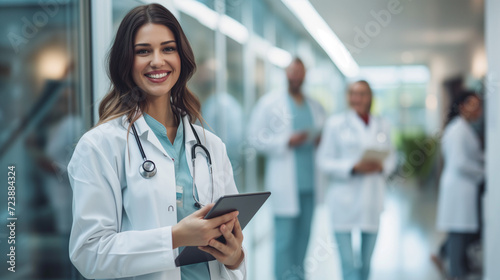 a female doctor in a white coat with a tablet
