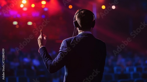 Motivational speaker with headset performing on stage.