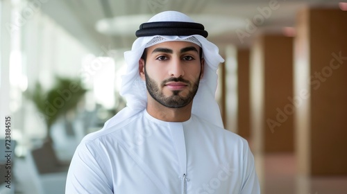 Portrait of Arab man wearing traditional while clothes working at office