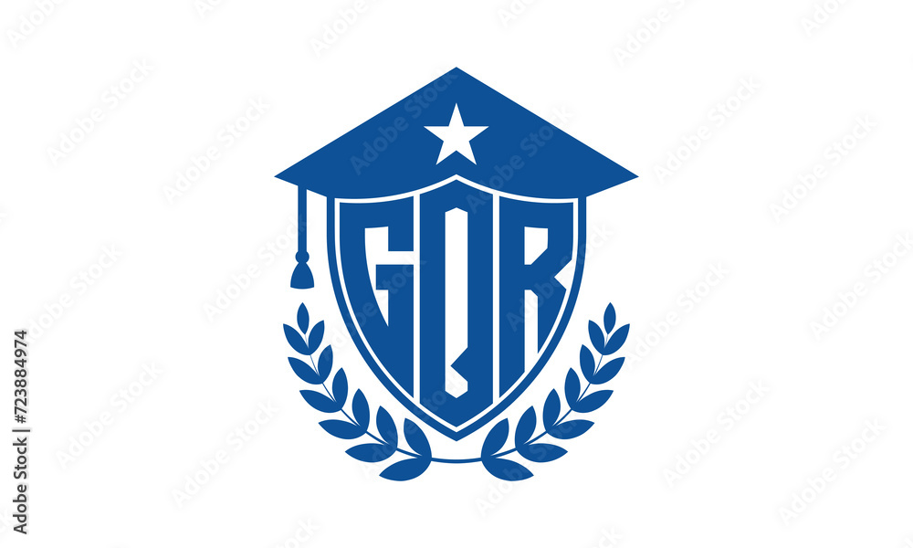 GQR three letter iconic academic logo design vector template. monogram, abstract, school, college, university, graduation cap symbol logo, shield, model, institute, educational, coaching canter, tech GQR three letter iconic academic logo design vector template. monogram, abstract, school, college, university, graduation cap symbol logo, shield, model, institute, educational, coaching canter, tech