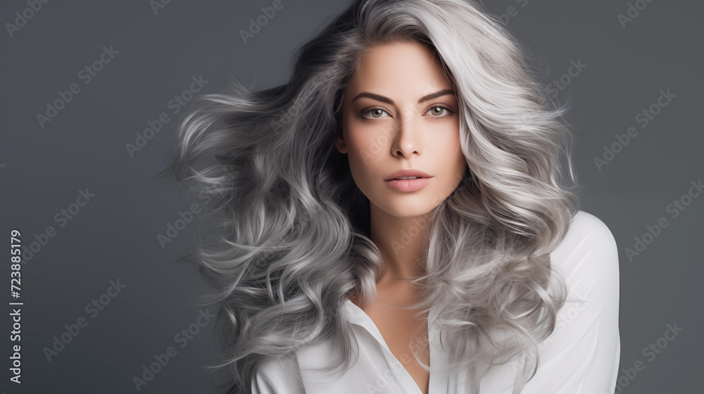 Fabulous woman with gray hair, beautiful female long wavy hair beauty salon, fashion model concept healthy, natural hair Fabulous woman with gray hair, beautiful female long wavy hair beauty salon, fashion model concept healthy, natural hair