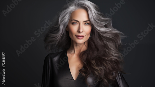 Fabulous woman with gray hair  beautiful female long wavy hair beauty salon  fashion model concept healthy  natural hair