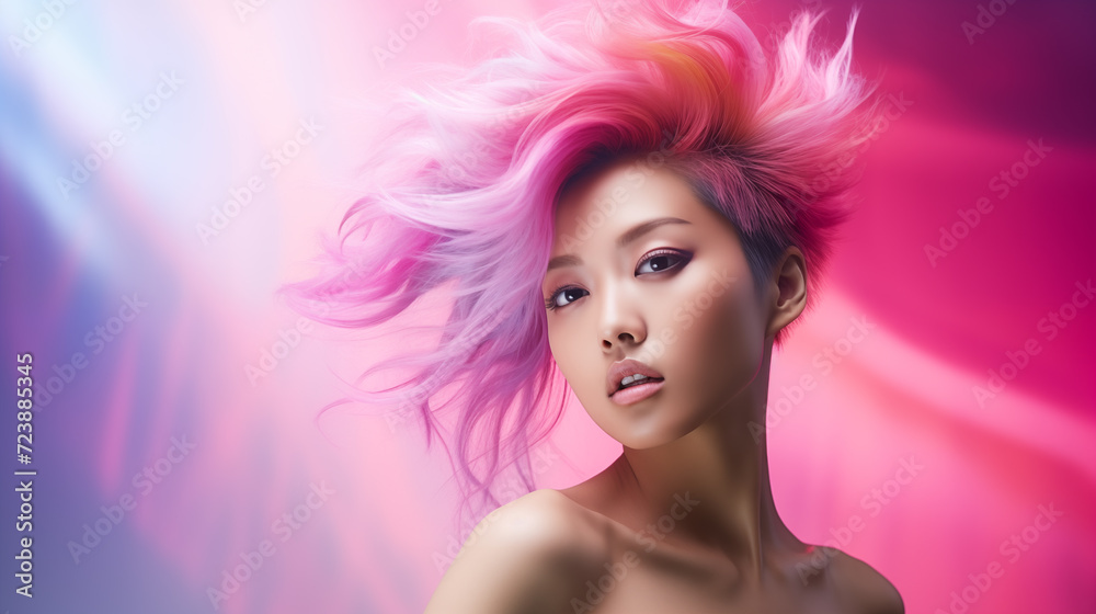 Fabulous woman with pink hair, beautiful female long wavy hair beauty salon, fashion model concept healthy, natural hair