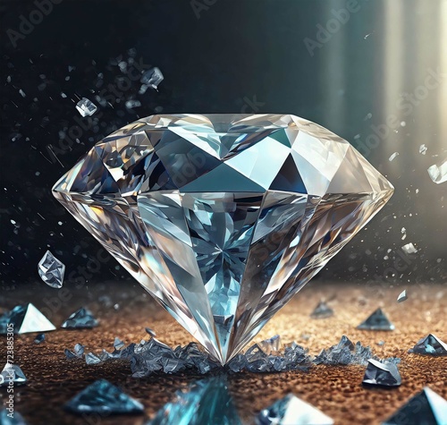 A white shiny diamond is falling to the floor and breaking down.