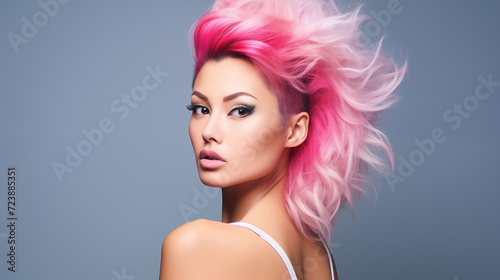 Fabulous woman with pink hair, beautiful female long wavy hair beauty salon, fashion model concept healthy, natural hair