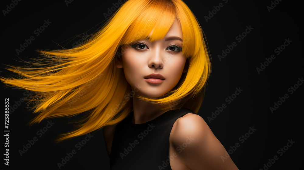 Fabulous woman with bright yellow hair, beautiful female long wavy hair beauty salon, fashion model concept healthy, natural hair