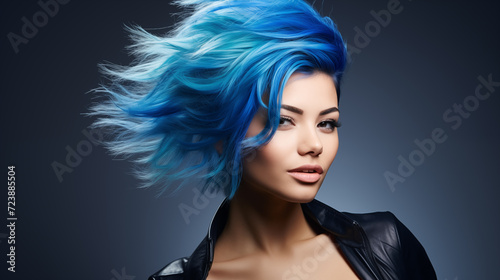 Fabulous woman with blue hair, beautiful female long wavy hair beauty salon, fashion model concept healthy, natural hair