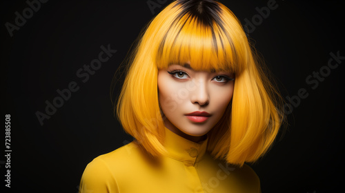 Fabulous woman with bright yellow hair, beautiful female long wavy hair beauty salon, fashion model concept healthy, natural hair