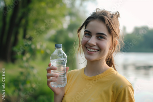 Laughing young woman holding a bottle of water in her hand against the background of the river