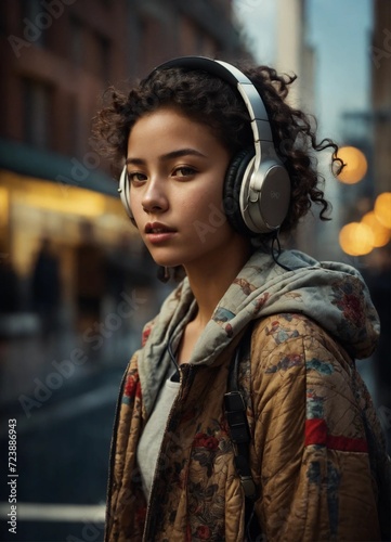 young girl in headphones on the street realistic