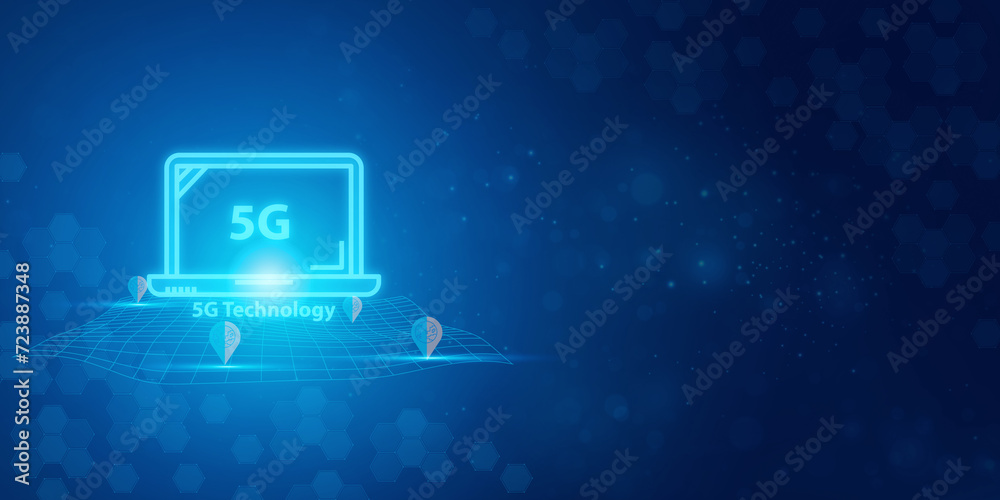 Futuristic blue 5G text and abstract technology background. Artificial intelligence digital transformation and Business quantum internet network communication and Antivirus.