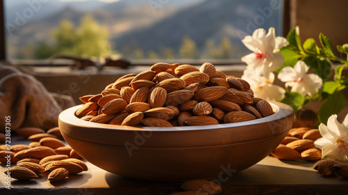 Almonds in a bowl and almonds on a wooden table