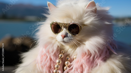 Envision a chic cat in a faux fur stole, paired with oversized sunglasses and a statement necklace. Against a backdrop of city lights, it exudes metropolitan glamour and feline allure. The atmosphere: