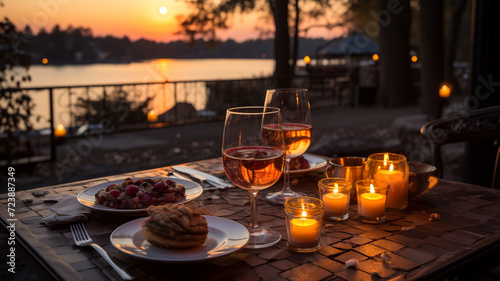 Romantic dinner sunset and river in the background. The beauty of romance