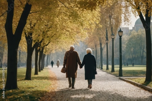  Old happy senior couple holding hands walking in the autumn park. Generative AI