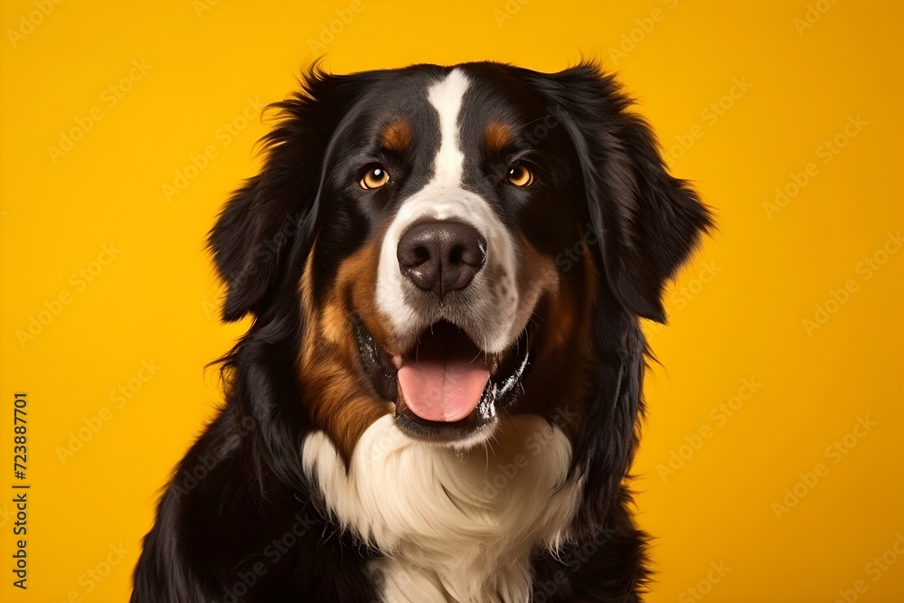 Portrait of happy smiling Bernese Mountain Dog on background.