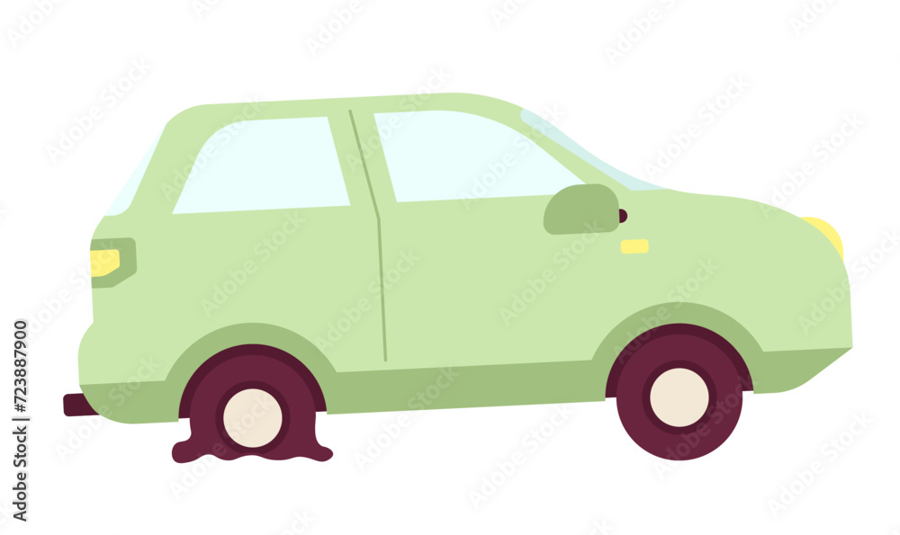 Accident automobile with flat tire 2D cartoon object. Broken transport isolated vector item white background. Rubber wheel punctured. Breakdown car tyre puncture color flat spot illustration