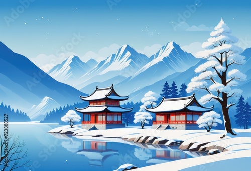 Wallpaper Mural a winter scene with snow-covered trees, house on background with snowflakes falling from sky by ai generated Torontodigital.ca