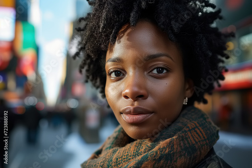 Lifestyle female portrait, headshot of a beautiful adult African-American woman standing on an urban city street looking at camera