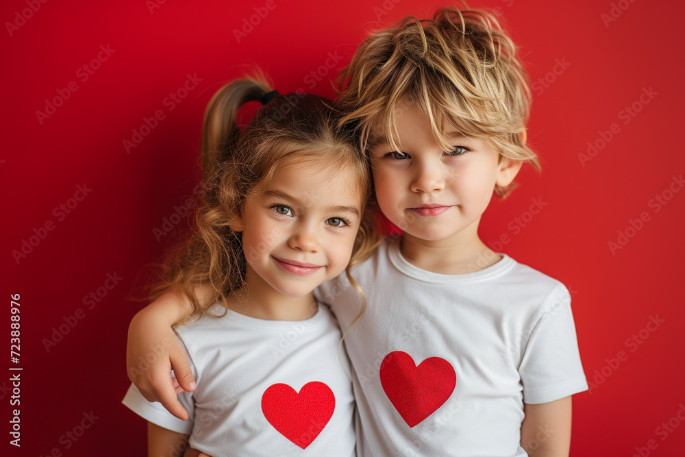 A cute little boy and girl wearing t-shirt with red heart symbol, on red background A cute little boy and girl wearing t-shirt with red heart symbol, on red background