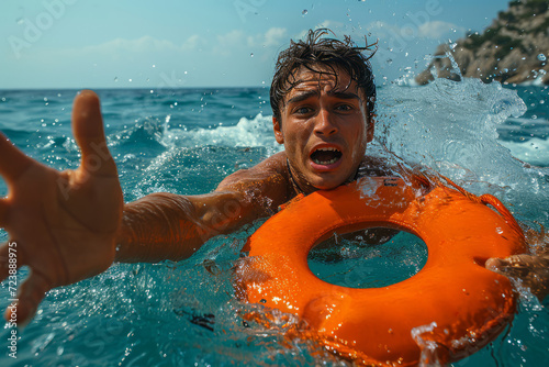 A shocking and dramatic image capturing the urgent cry for help as a man struggles in the sea, his desperate cries for assistance echoing through the waves as he fights against drowning. photo