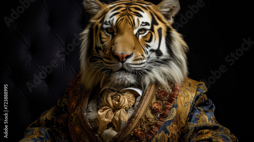 sophisticated tiger in a velvet smoking jacket  adorned with gold embroidery and a silk cravat. Against a backdrop of royal palaces  it exudes aristocratic elegance and feline grace. Mood  regal and r