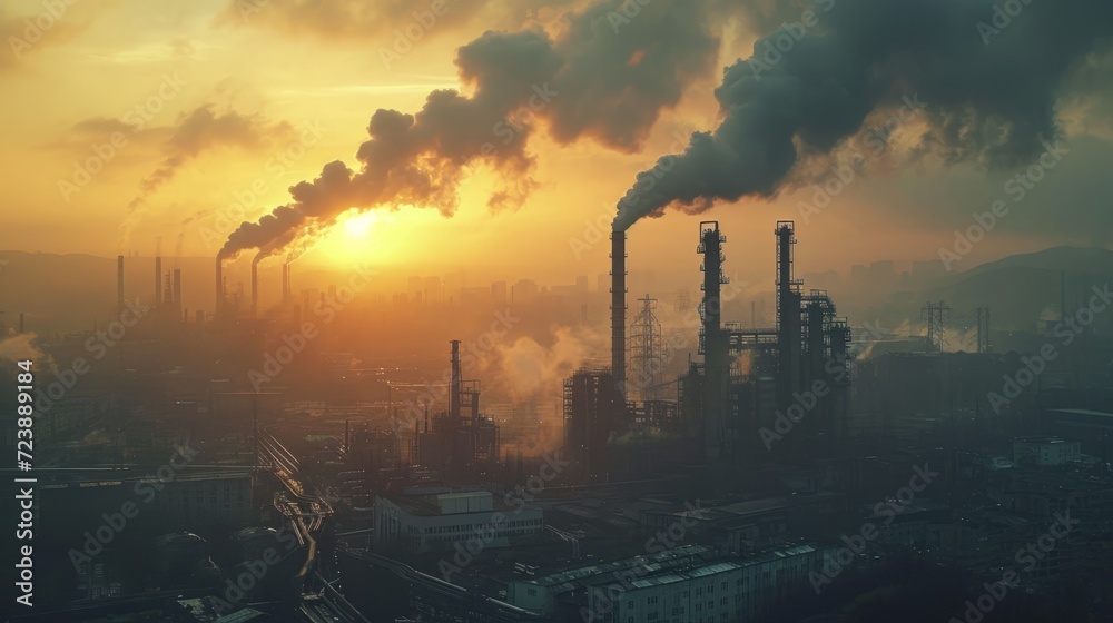 A large industrial plant emitting dark smoke into the atmosphere, causing pollution and environmental damage. The factory releases harmful pollutants, contributing to air and soil contamination.