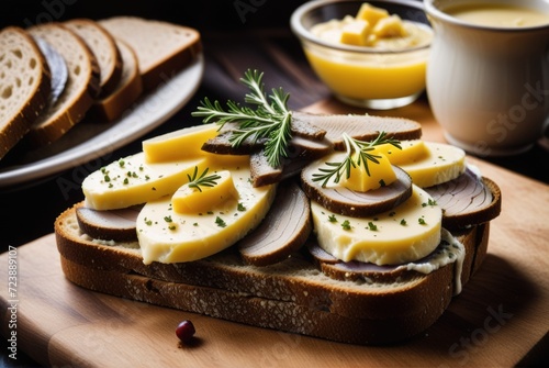 An open-faced sandwich made with dark bread, butter, and slices of smoked Baltic herring by ai generated photo