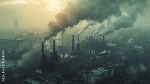 Industrial factory emitting toxic smoke into the atmosphere, causing air pollution. Environmental impact of industrial activities and harmful emissions.