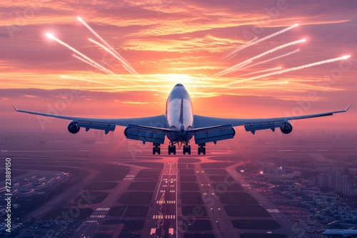 airplane landing at sunset with fireworks in the background
