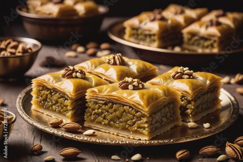 a sweet pastry made of layers of filo pastry filled with chopped nuts and sweetened by ai generated photo
