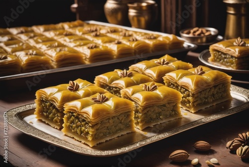 a sweet pastry made of layers of filo pastry filled with chopped nuts and sweetened by ai generated photo