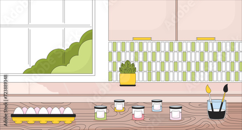 Easter egg preparation in kitchen line cartoon flat illustration. Paintbrush paints, crate eggs on table 2D lineart interior background. Springtime festive paschal scene vector color image