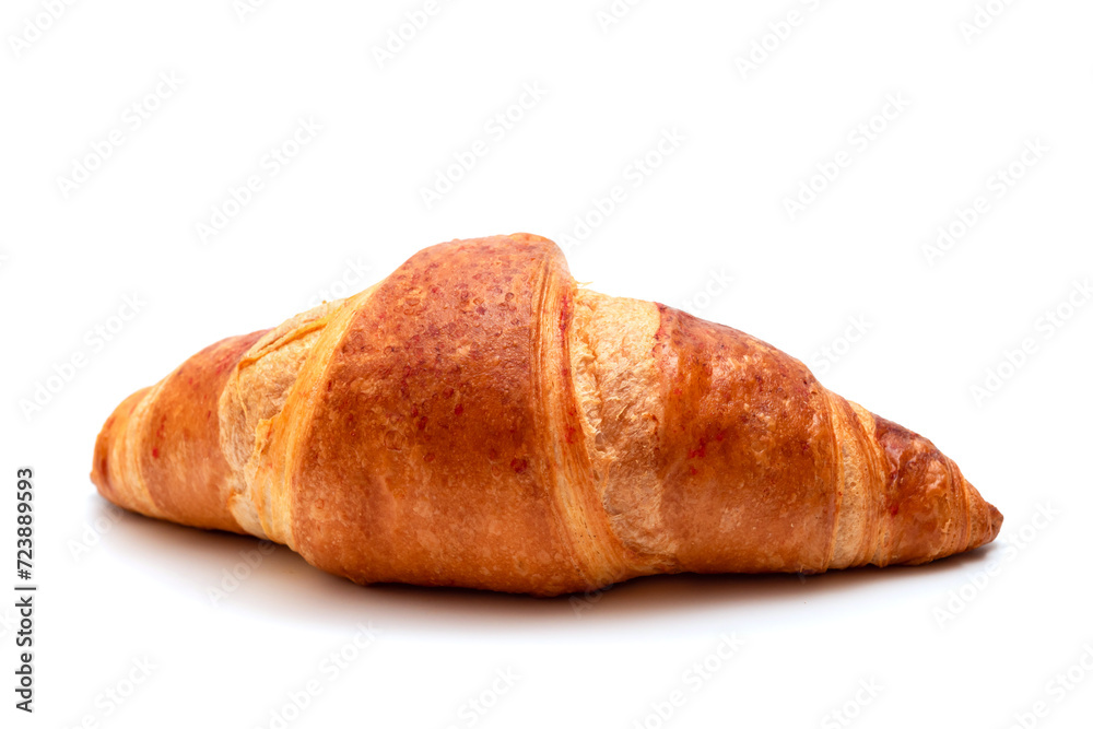 Close-up of golden croissant on white background. French pastry