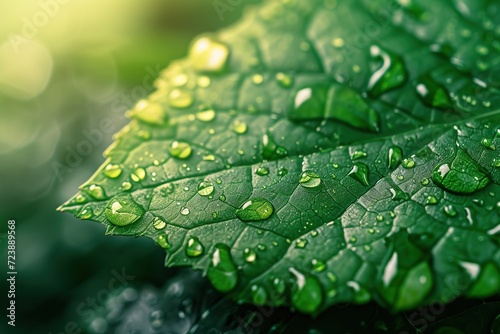 Fresh Green Leaf Glistening with Dew Drops in Nature's Rain-kissed Garden Macro Shot