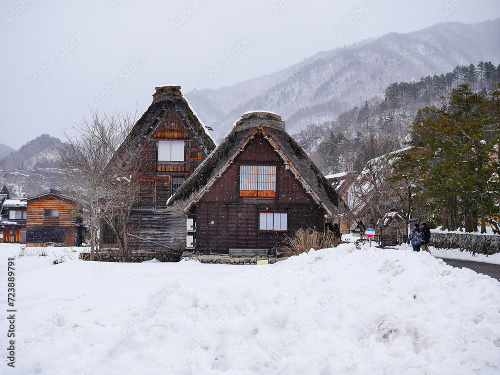 Beautiful view of Shirakawago Village on a snowy day