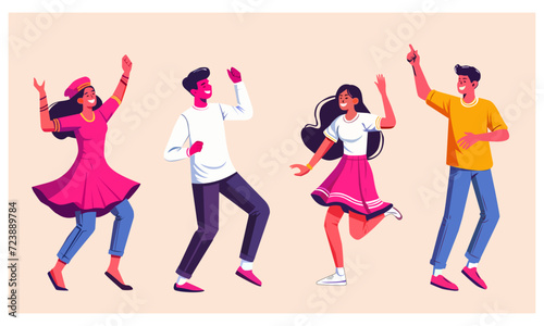 Set of people celebrating win or goal achievement. Happy team or group of friends with hands up. Concept of victory and success. Vector illustration