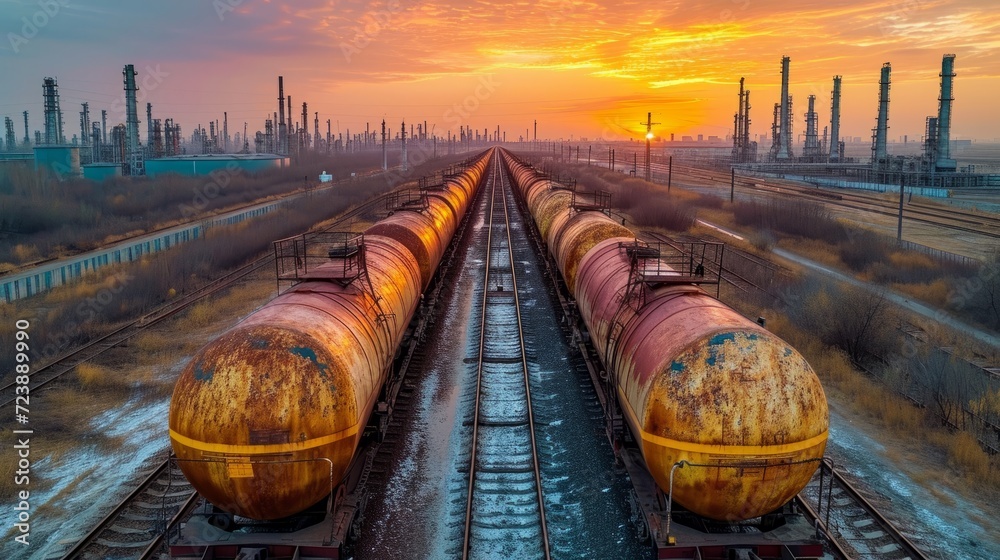 A close-up shot of a row of loaded tank cars carrying petroleum products. The image depicts the rail transport of oil for extraction and distribution.