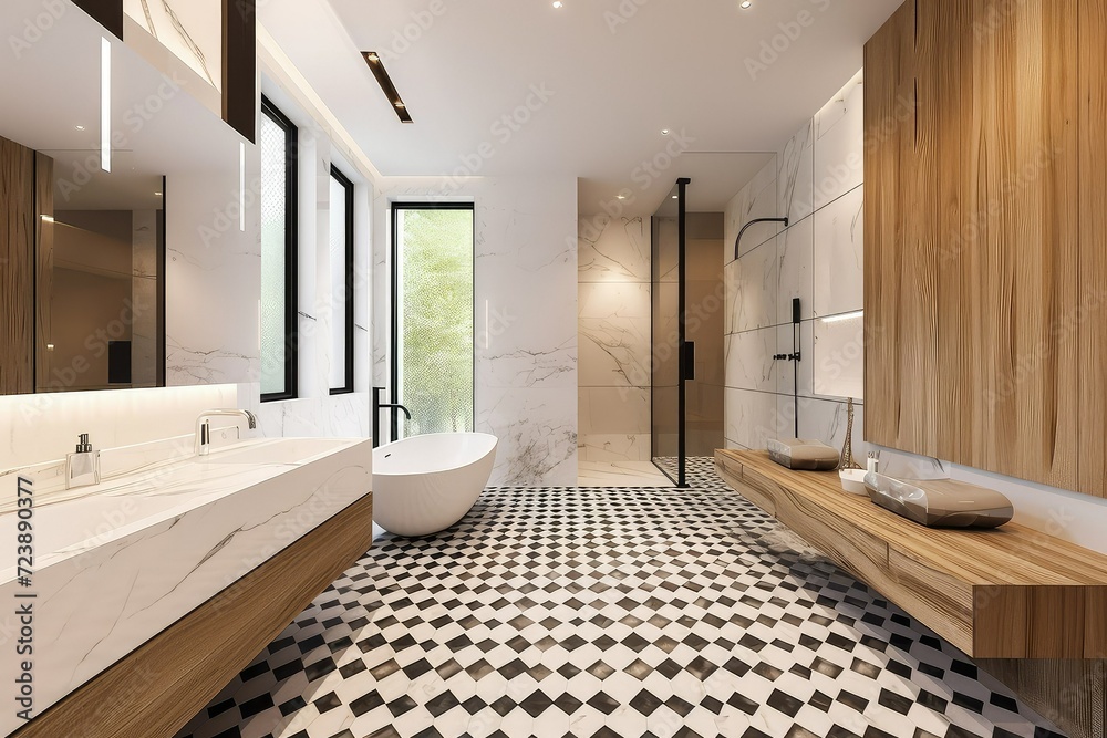 Contemporary bathroom featuring bold, graphic floor tiles. Contemporary bathroom featuring bold, graphic floor tiles.