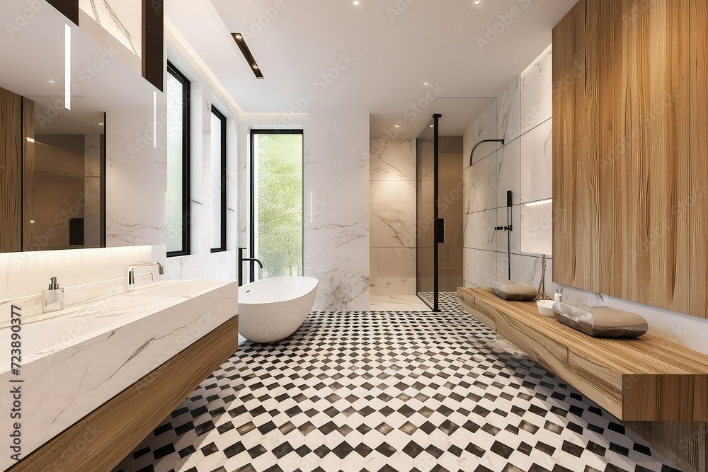 Contemporary bathroom featuring bold, graphic floor tiles.