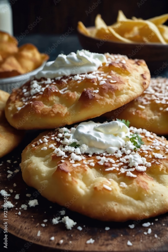 Deep-fried bread made from dough, often served with garlic, sour cream, cheese by ai generated