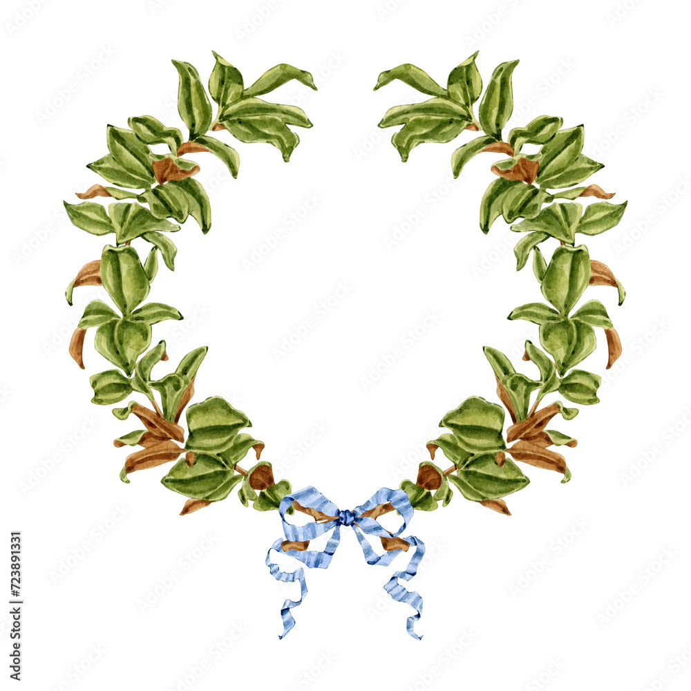 Fototapeta premium Watercolor magnolia wreath with bow Illustration