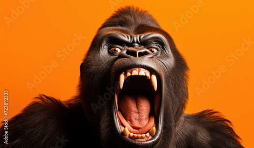 Studio Portrait of Funny and Excited Gorilla on Orange Background with Shocked or Surprised Expression and Open Mouth © Ruslan Gilmanshin