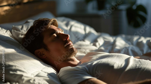 Man peacefully laying in bed with his eyes closed. Suitable for sleep-related articles and blogs