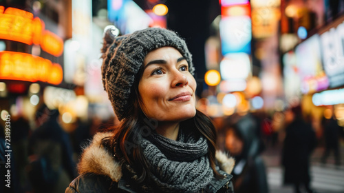 Woman is pictured wearing hat and scarf in bustling city. This image can be used to depict urban fashion  winter attire  or stylish city dweller.