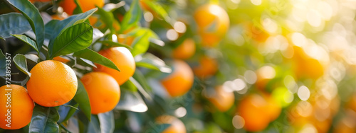 Oranges basking in sunlight, vibrant grove ready for harvest, symbolizing freshness.
