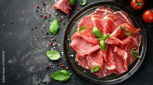 Sliced cured prosciutto with basil leaves on a rustic dark surface