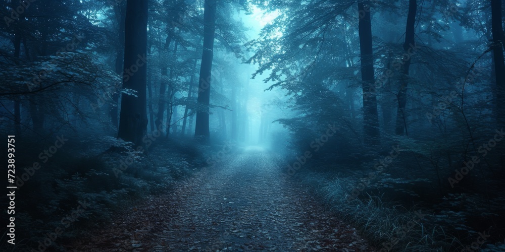 A Chilling, Misty Forest Pathway, Drenched In Blue Hues, Awaits Exploration. Сoncept Enchanting Woods, Mystical Ambience, Serene Nature, Adventure Awaits