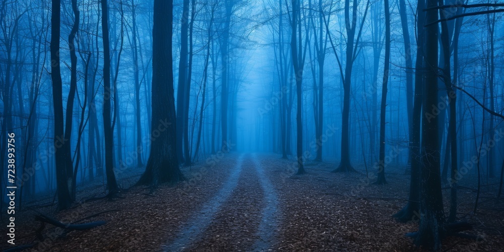 Blue-Hued Exploration Awaits In The Chilling Mist Of The Forest Pathway. Сoncept Mystical Mazes, Enchanting Waterfalls, Tree Canopy Adventures, Wildlife Encounters, Tranquil Lakeside Retreat